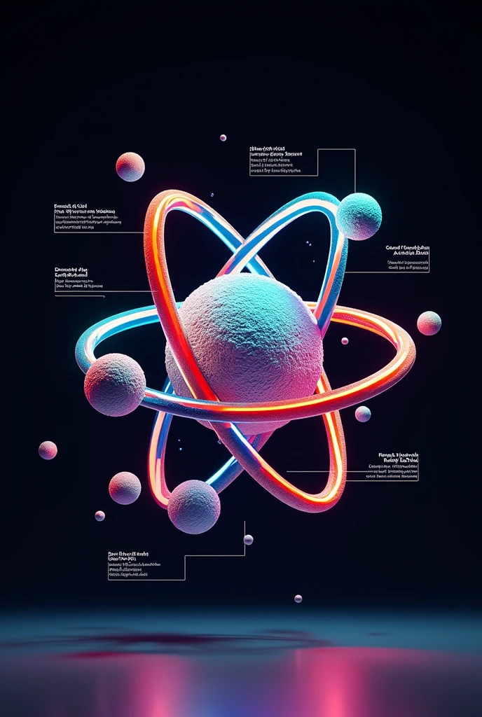 create your own atomic model (unique shapes, unique colors, not inspired by real atomic model, with atom structure, with text of every part)