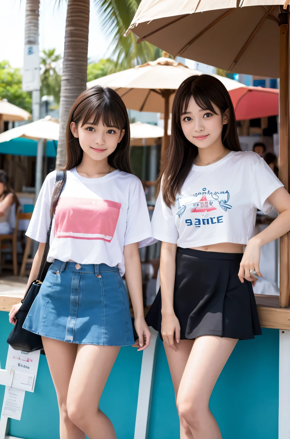 Two girls (21 years old, Japanese cute face) are wearing white Tshirts, mini skirt at the beach bar