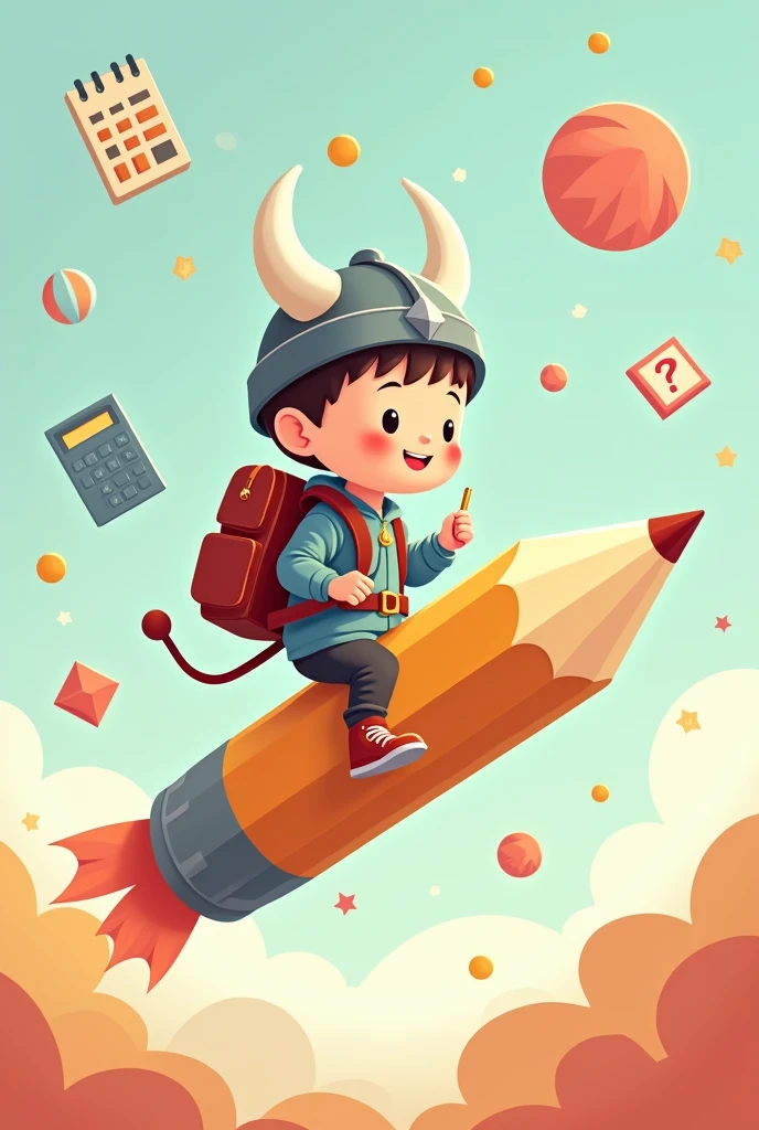 Crée une illustration vecteur d’une de 3 ans fantaisiste réaliste déguiser en viking , monté sur un crayon géant comme une fusée. Le garçon est équipé d'un sac à dos , prêt pour une aventure éducative. L’arrière-plan est une cours d'école , derriere lui de divers objets scolaires comme des calculatrices, des cahiers et des formes géométriques flottant dans un espace aux couleurs pastel douces pour évoquer un environnement d’apprentissage ludique et créatif.,