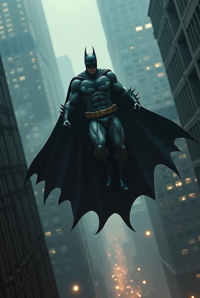 Batman with big black bat shaped cape falling from the sky with heavy wind in gotham city the view from the top falling in sleep pose
