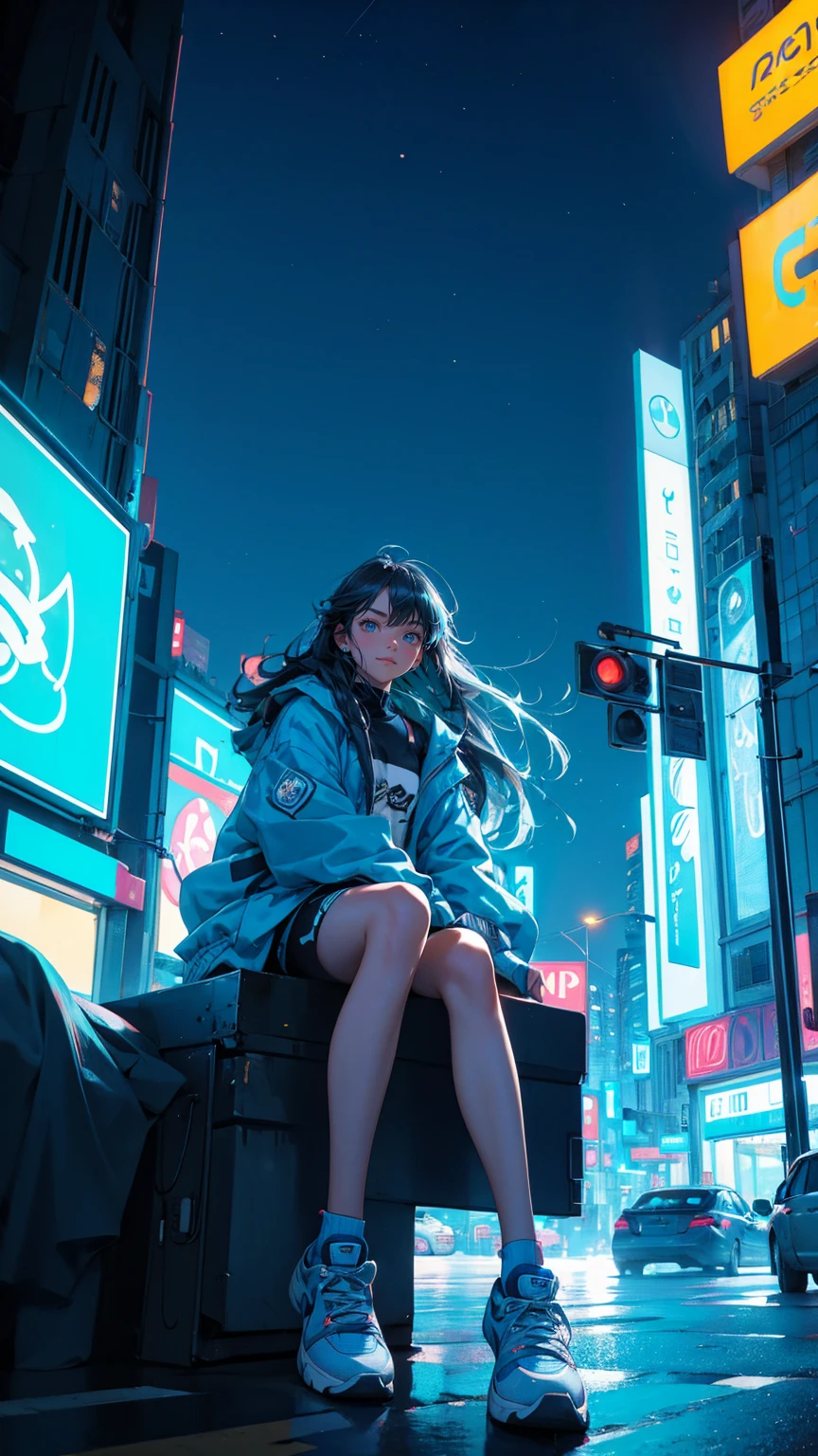 Blue color color A beautiful, cute girl with a joyful expression sitting on top of a bright  blue car, in the middle of a bustling city intersection at night. She has long, flowing hair and wears a stylish oversized jacket, athletic shorts, and sneakers, with a relaxed and confident pose. The background features neon-lit billboards with cryptocurrency symbols, glowing street signs, and tall buildings lining both sides of the street. Cars are parked along the road, and streetlights cast a soft, warm glow, enhancing the urban cityscape atmosphere.