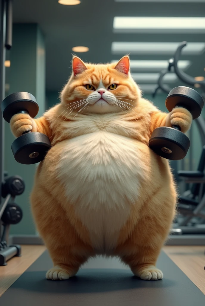 A huge chubby cat in a gym centre to loose his Weight standing with dumbbell in two hands