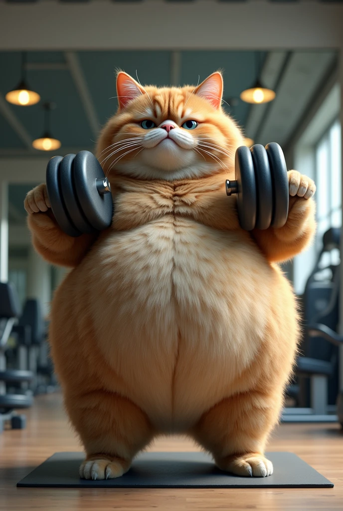 A huge chubby cat in a gym centre to loose his Weight standing with dumbbell in two hands