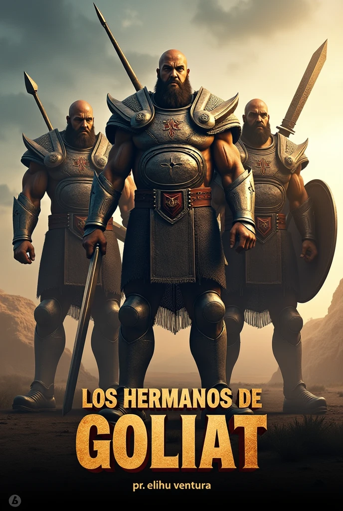 Create an image of giant warriors in armor and make the image look like a movie cover.
The image must have a title that says THE BROTHERS OF GOLIATH with letters similar to those of the movie Gladiator. Four giants must appear and the title must be in Spanish. The image must be the size of the YouTube cover. The cover size must be 1280 by 780 and the faces of the characters must look like human beings. They must have swords., spears and shields Below the name Goliath should be the name of the author Pr. Elihu Ventura