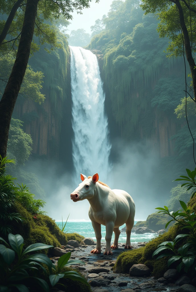 A realistic 8k albino tapir in a waterfall in the middle of the forest