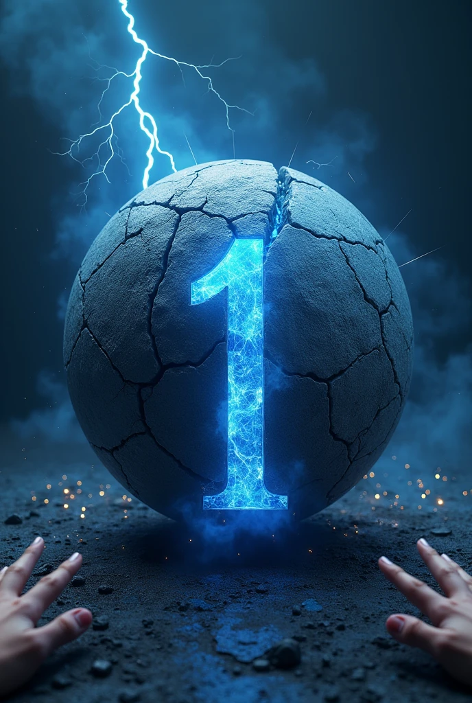 Super realistic A3D image représentant le nom "1M" en forme de sphère en béton fissuré en noir bleu et dégageant une aura bleu,avec des étincelles et éclair bleu avec des mains sur le point, comme une domination, de saisir la sphère. background dark blue, dynamique, cinématique, ultra-réaliste, rendu 3D, vue de face, ultra Hd 16k