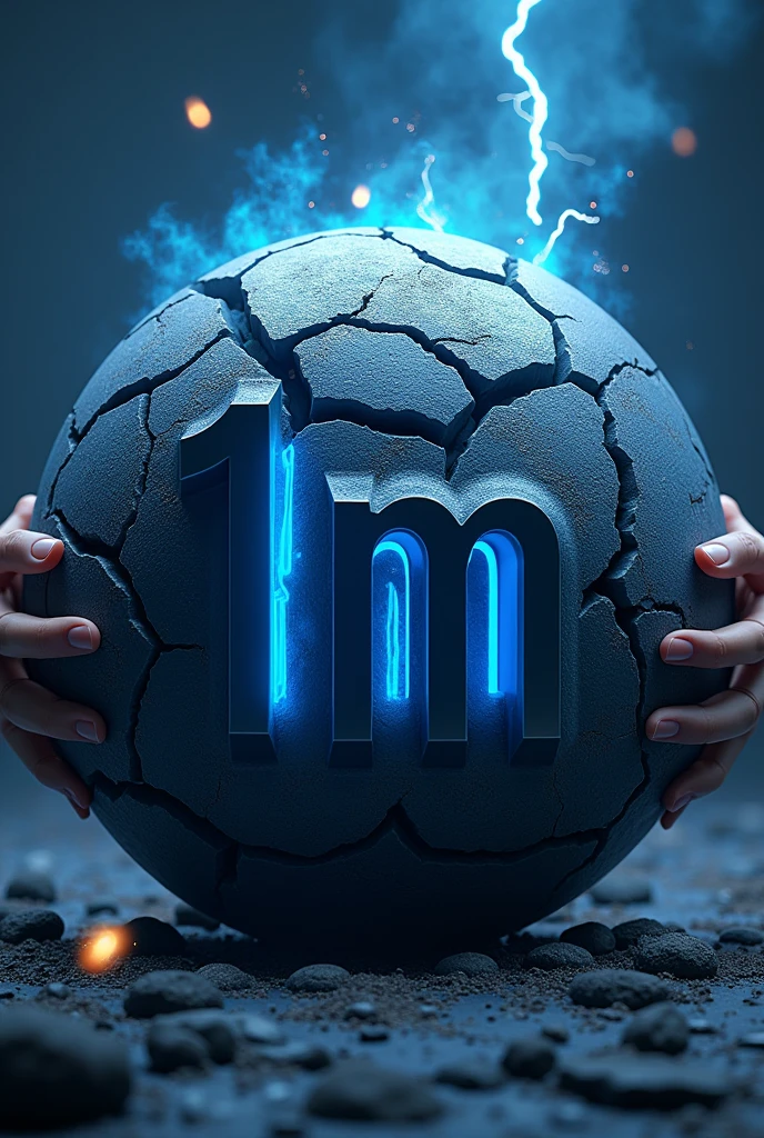 Super realistic A3D image représentant le nom "1M" en forme de sphère en béton fissuré en noir bleu et dégageant une aura bleu,avec des étincelles et éclair bleu avec des mains sur le point, comme une domination, de saisir la sphère. background dark blue, dynamique, cinématique, ultra-réaliste, rendu 3D, vue de face, ultra Hd 16k