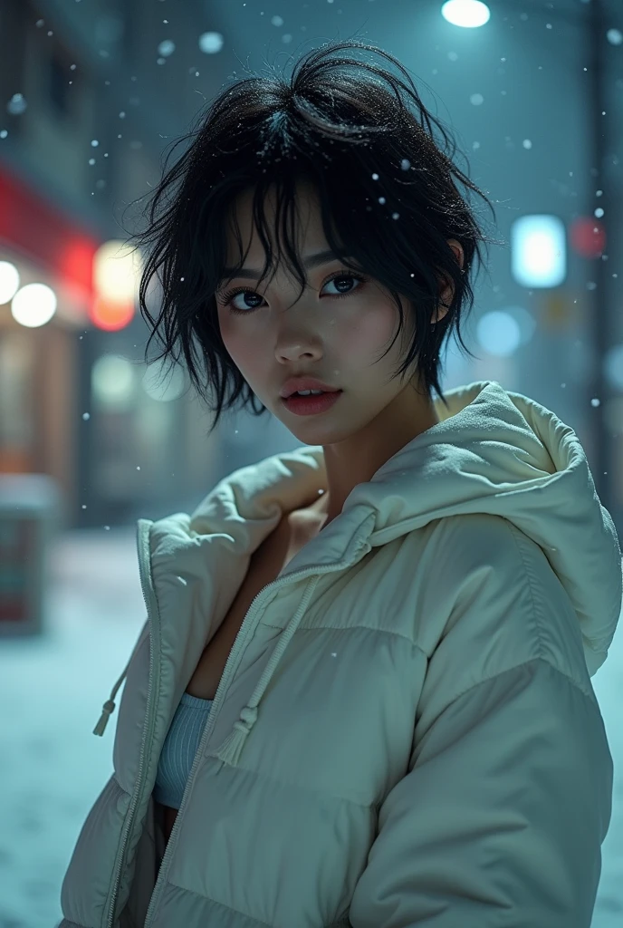(masterpiece:1.2), ultra detailed, ultra high res, (realistic, photo realistic:1.37), high detail RAW color photo, professional photograph, extremely detailed face, extremely detailed eyes, extremely detailed skin, extremely detailed fingers, highly detailed nose, highly detail mouth, Perfect Anatomy, Highly detailed background, (a famous actress of Japan:1.2), (gyaru:1.3), (flat chest), brown race, dark skin, very shortcut hair, shadows, messy hair, full body, (down jacket:1.2), white hoodie, nighttime, dark street view, (snow in the sky:1.6), background in the city, hoodie on the head, cinematic lighting, denim pants,