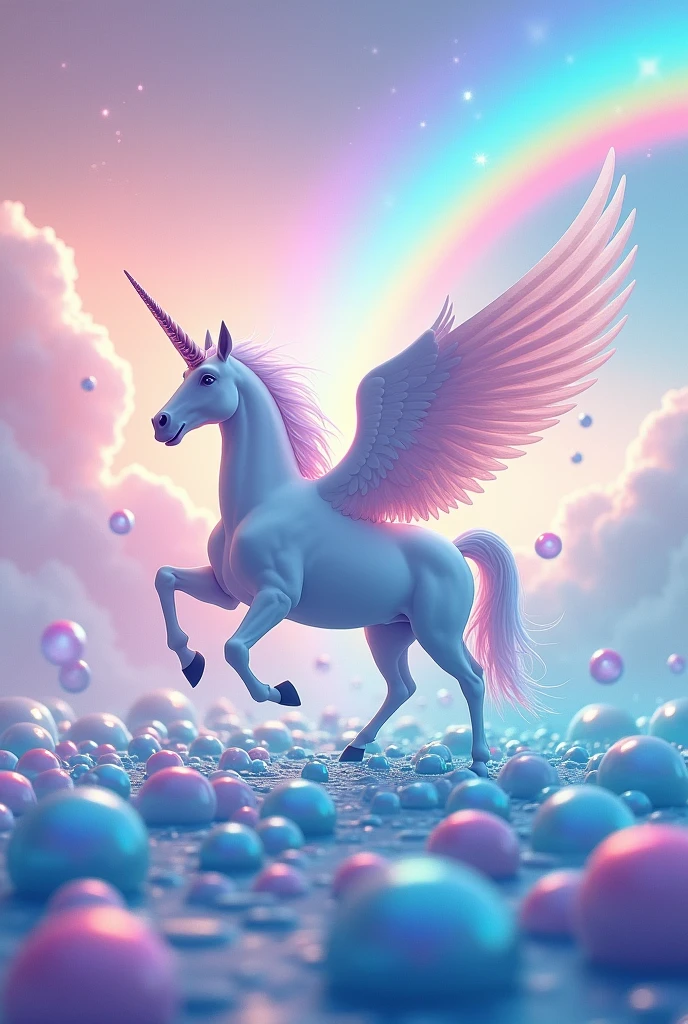 Unicorn with big wings flying in multicolored sea and pink sky with lots of bubbles everywhere and rainbow with pastel colors 