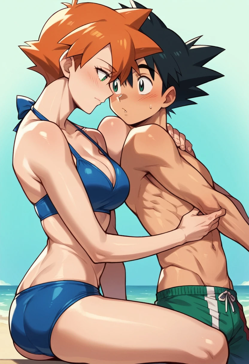 1boy, ash ketchum, black hair, brown eyes, hair between eyes, ash ketchum, shirtless, male swimwear, handsome boy, macho, good looking boy 1girl, misty pokemon, orange hair, green eyes, blue swimsuit, blue bikini, pretty, beautiful girl photograph of a 1 couple, they're showing off their love and affection for each other, they're caressing, intimacy, 