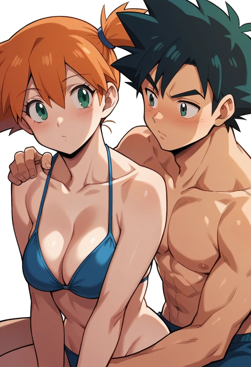 1boy, ash ketchum, black hair, brown eyes, hair between eyes, ash ketchum, shirtless, male swimwear, handsome boy, macho, good looking boy 1girl, misty pokemon, orange hair, green eyes, blue swimsuit, blue bikini, pretty, beautiful girl photograph of a 1 couple, they're showing off their love and affection for each other, they're caressing, intimacy,