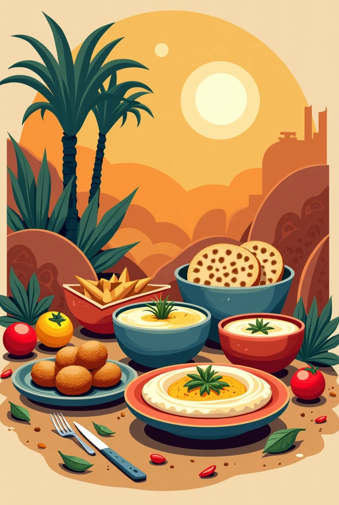 Please illustrate me a typical Israeli food cover for a menu but without text, just the dishes, colors and designs in a dark beige sand tone in Memphis design style.