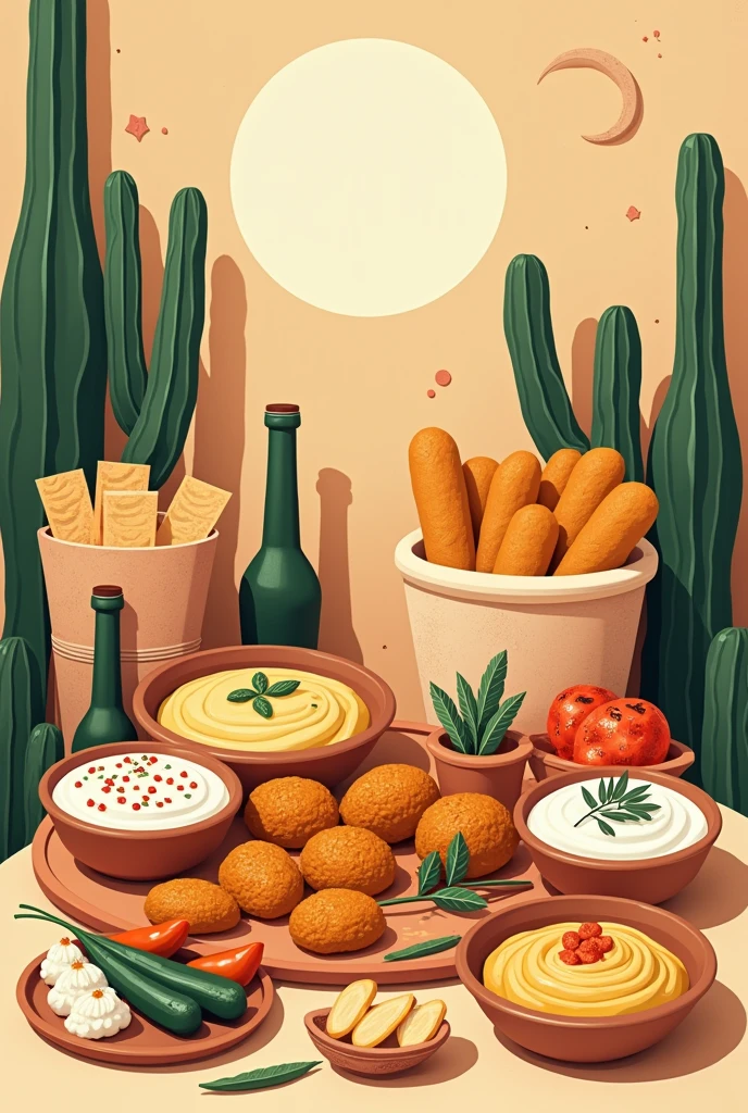 Please illustrate me a typical Israeli food cover for a menu but without text, just the dishes, colors and designs in a dark beige sand tone in Memphis design style.