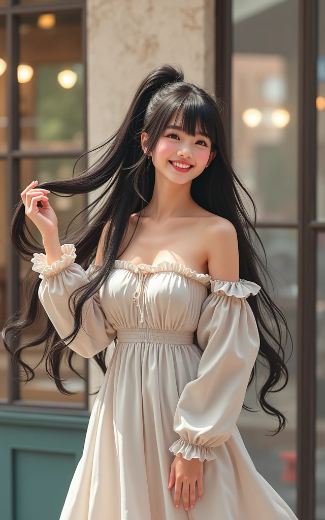 a girl with long black hair, laughing and tying her hair in a ponytail, beautiful girl in a cafe, (best quality,4k,8k,highres,masterpiece:1.2),ultra-detailed,(realistic,photorealistic,photo-realistic:1.37),detailed eyes,detailed face,detailed lips,longeyelashes,beautiful smile,casual clothes,natural lighting,warm colors,high quality portrait,studio lighting,hyper detailed