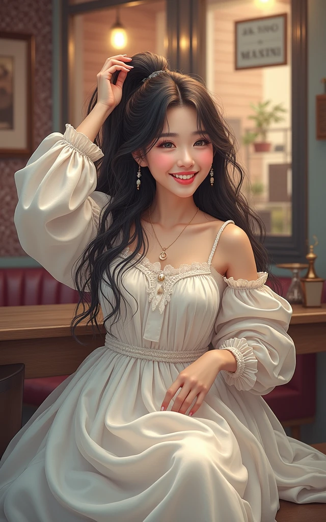 a girl with long black hair, laughing and tying her hair in a ponytail, beautiful girl in a cafe, (best quality,4k,8k,highres,masterpiece:1.2),ultra-detailed,(realistic,photorealistic,photo-realistic:1.37),detailed eyes,detailed face,detailed lips,longeyelashes,beautiful smile,casual clothes,natural lighting,warm colors,high quality portrait,studio lighting,hyper detailed