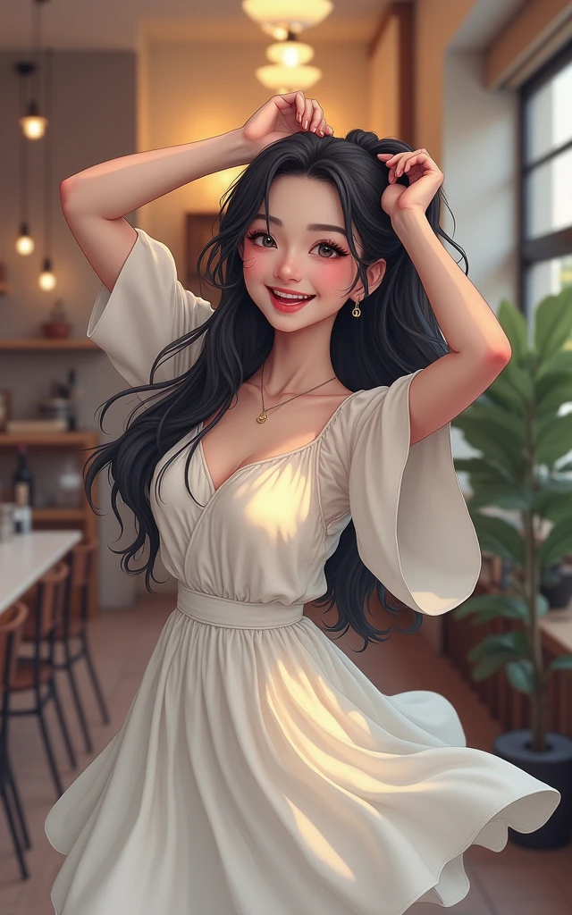 a girl with long black hair, laughing and tying her hair in a ponytail, beautiful girl in a cafe, (best quality,4k,8k,highres,masterpiece:1.2),ultra-detailed,(realistic,photorealistic,photo-realistic:1.37),detailed eyes,detailed face,detailed lips,longeyelashes,beautiful smile,casual clothes,natural lighting,warm colors,high quality portrait,studio lighting,hyper detailed