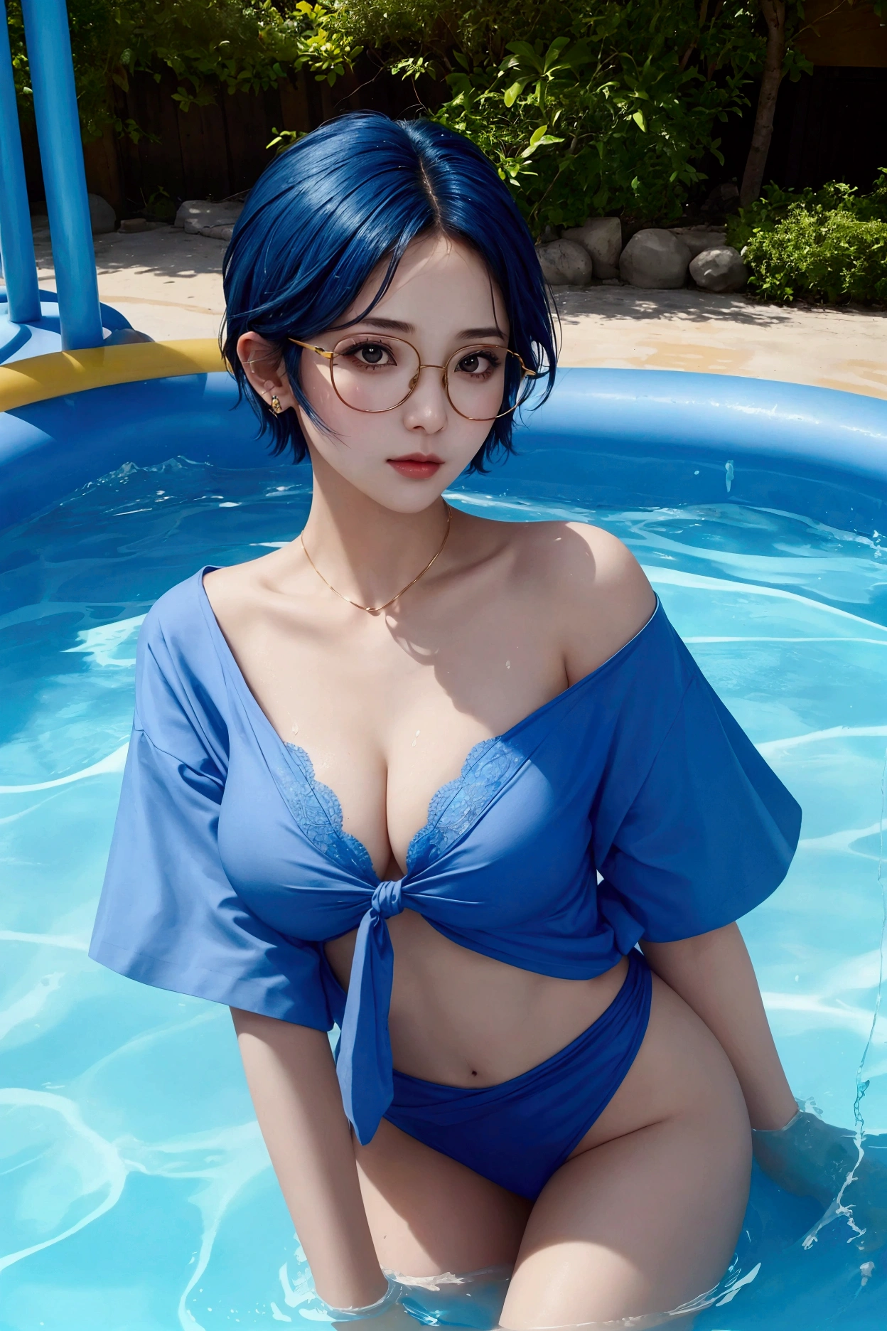 the woman who is in the water park, has fair skin and a beautiful face, short hair that is blue and tied, wearing glasses on her forehead, big breasts, wearing a yellow shirt