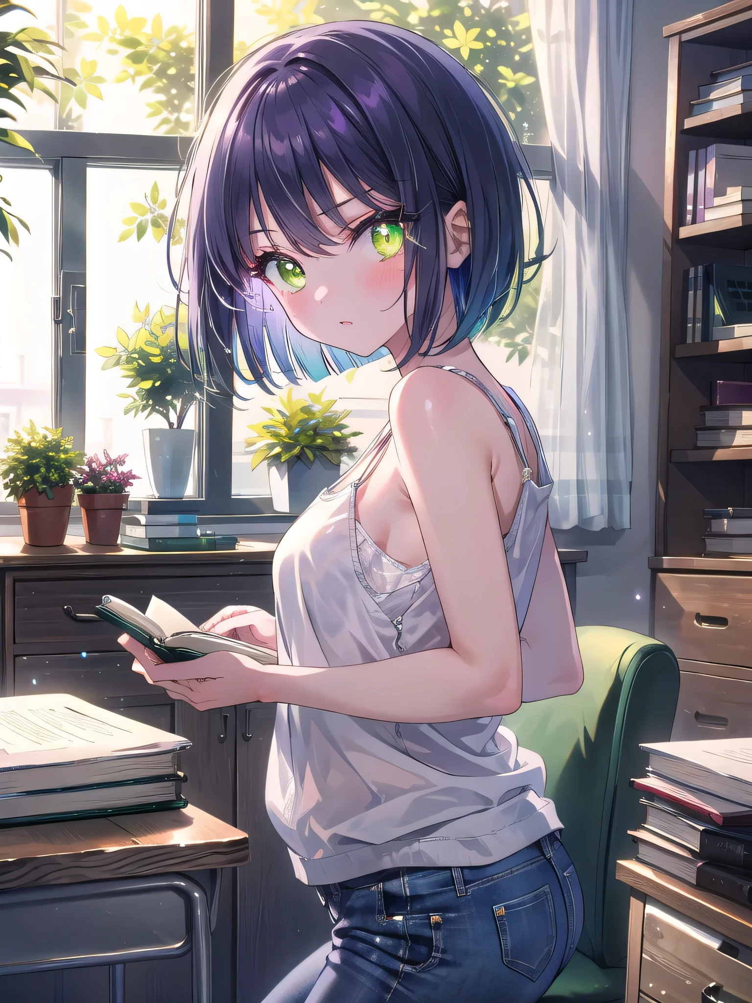 ((8k, Best Quality, Masterpiece: 1.3)), Ultra High Resolution, (One Girl, Alone), (Color Changing Eyes, Super Detailed, Expressive Sparkle, Sparkling, Glowing Eyes), Highly Detailed Eyes, (Purple Short Bob Cut), A girl with emerald green eyes shining seriously is studying at her desk at home. She is wearing a casual white tank top and light blue jeans, giving her a simple yet sexy impression. In the background of the room, there is a white wall and a wooden desk, textbooks and notebooks lined up on the desk, and simple storage boxes and potted plants on the shelves. Natural light from the window shines brightly onto the desk, making her emerald green eyes look vivid. While concentrating on her notes, she occasionally looks at the camera, and the angle is from in front of the desk, highlighting her serious expression and emerald green eyes.