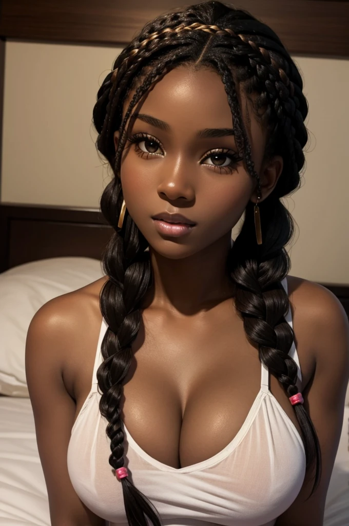 cute hair, chocolate skin, ager, beautiful face, deep ebony, showing big breasts, SFW, upper body braided night beauty, on bed