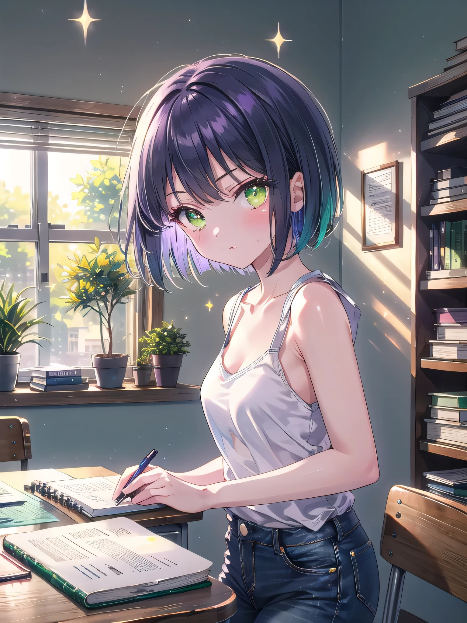 ((8k, Best Quality, Masterpiece: 1.3)), Ultra High Resolution, (One Girl, Alone), (Color Changing Eyes, Super Detailed, Expressive Sparkle, Sparkling, Glowing Eyes), Highly Detailed Eyes, (Purple Short Bob Cut), A girl with emerald green eyes shining seriously is studying at her desk at home. She is wearing a casual white tank top and light blue jeans, giving her a simple yet sexy impression. In the background of the room, there is a white wall and a wooden desk, textbooks and notebooks lined up on the desk, and simple storage boxes and potted plants on the shelves. Natural light from the window shines brightly onto the desk, making her emerald green eyes look vivid. While concentrating on her notes, she occasionally looks at the camera, and the angle is from in front of the desk, highlighting her serious expression and emerald green eyes.