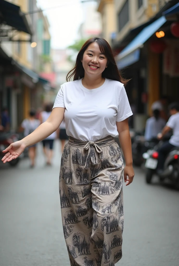very wide full body shot of an asian slightly thick size girl in her 20s, wearing a white tshirt and a elephant print long pants, thailand streets in the background, smiling, stretching one hand out by her side as if she's holding something
