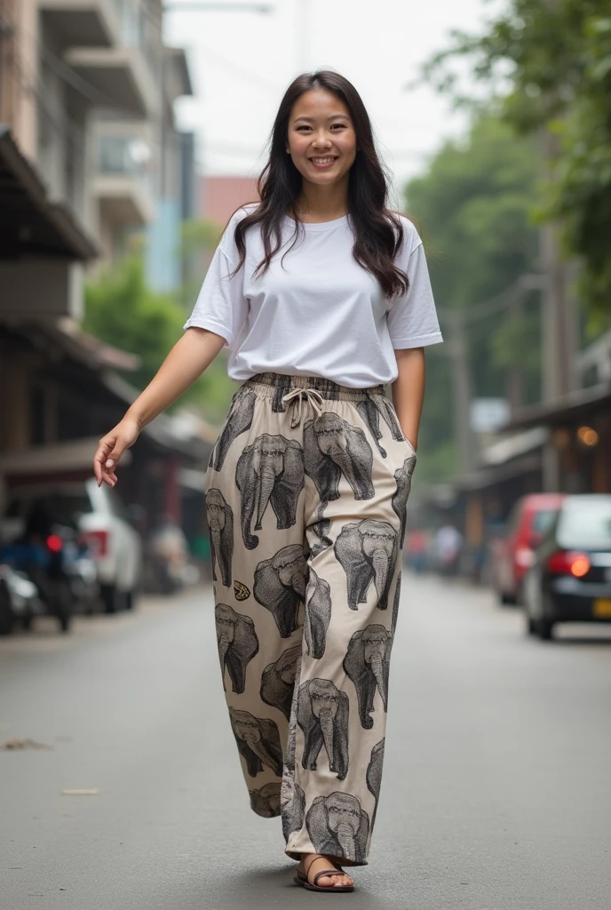 very wide full body shot of an asian slightly thick size girl in her 20s, wearing a white tshirt and a elephant print long pants, thailand streets in the background, smiling, stretching one hand out by her side as if she's holding something