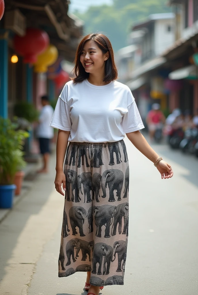 very wide full body shot of an asian slightly thick size girl in her 20s, wearing a white tshirt and a elephant print long pants, thailand streets in the background, smiling, stretching one hand out by her side as if she's holding something