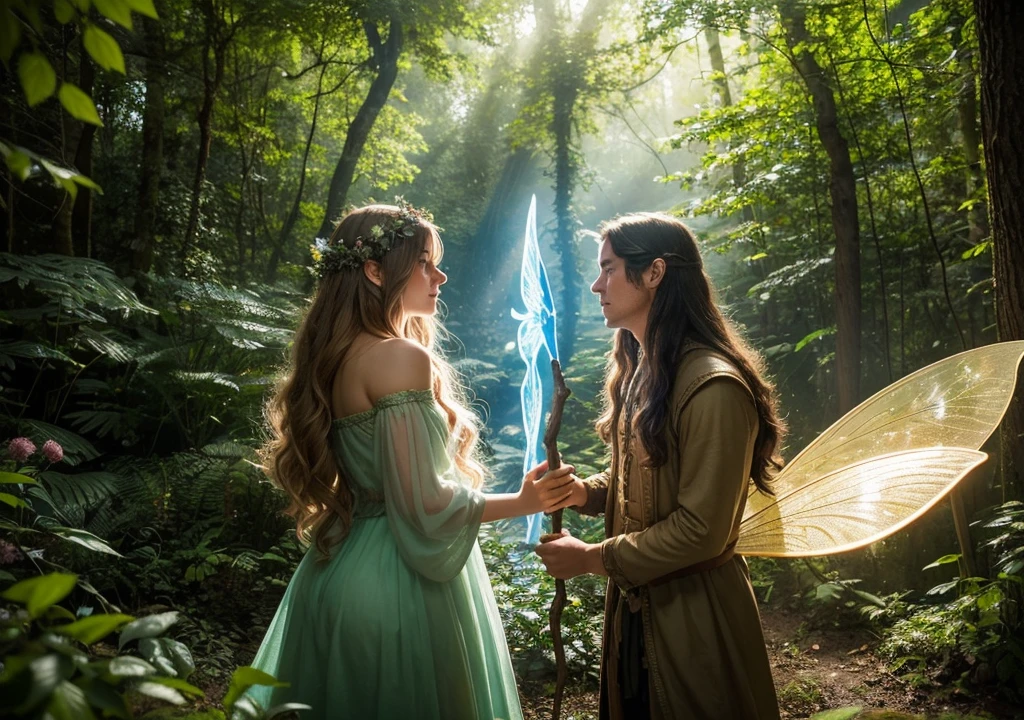 In a dense, enchanted forest bathed in a soft, magical glow, a medieval young woman with long flowing hair stands beside a fairy portal that emits a swirling light. A young man stands nearby, gazing in awe at the portal. Two fairies, without wings, hold magical sticks that glow with vibrant energy. The forest is alive with strange, luminous plants and creatures, adding a mystical ambiance to the scene. The fairies appear to be guiding the young woman and man toward the portal.