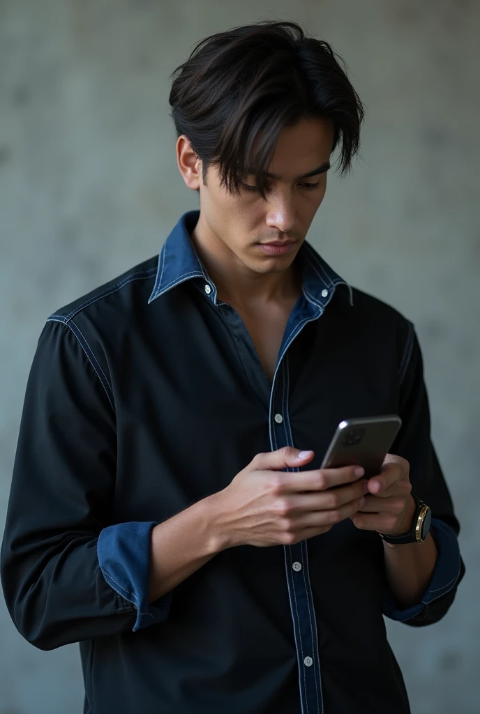 young man using his cell phone receiving a message in a black shirt with blue details