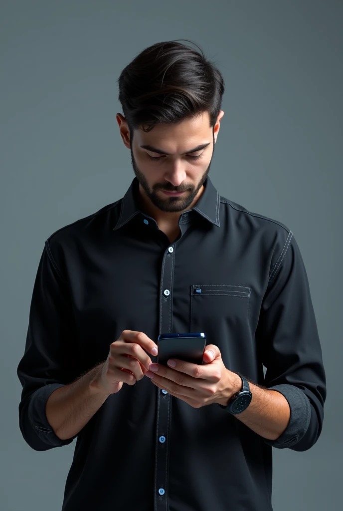 young man using his cell phone receiving a message in a black shirt with blue details
