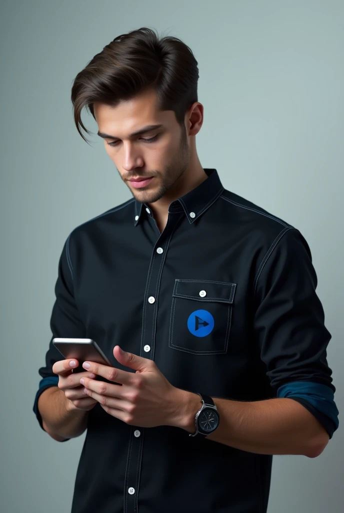 young man using his cell phone receiving a message in a black shirt with blue details