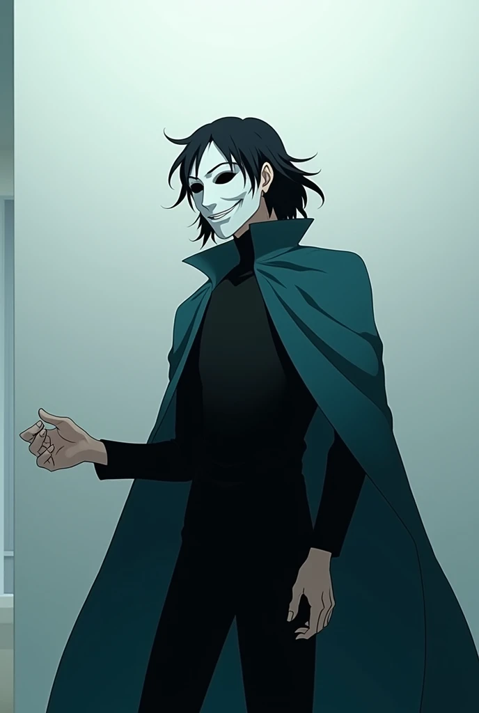 The image is anime style cowboy bebop and Darker than black with shadows and dim lights, anime style although somewhat adult and dark, It shows a single adult man with medium-length black hair wearing a cape., Thin build wearing a white theatre mask of the smiling Melpomene or Thalia type, that does not allow his face to be seen, posing sideways with her dark turquoise cape billowing forward, The rest of his clothing is black.. He is standing in front of a white wall. He is about to snap his fingers. Whole body, very ominous pose.
