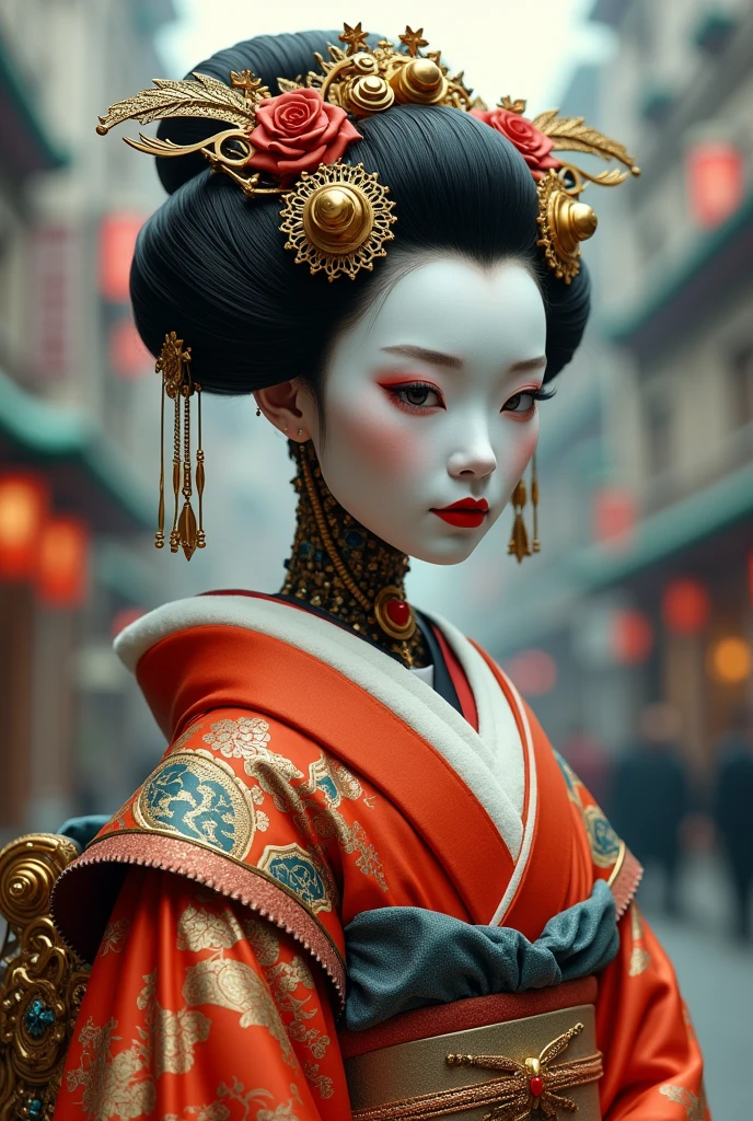 Amidst the labyrinthine alleyways of Neo-Tokyo, a geisha, enhanced with cybernetic implants, navigates the digital realm with grace. Her traditional kimono intricately weaved with circuitry patterns, she balances the elegance of a geisha with the prowess of a hacker. Neon-lit kanji characters illuminate the backdrop as she interfaces seamlessly with holographic interfaces, embodying the fusion of ancient grace and technological prowess , <lora:ByteBlade:1>