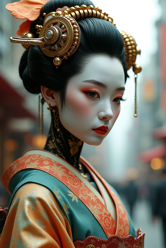 An extraordinary fusion of Eastern and Western aesthetics, this opalescent geisha robot is a marvel of steampunk design. With intricate filigree details and a touch of ukiyo-e influence, the geisha's face is a delicate blend of human and machine. The robo-geisha's body is adorned with a blend of traditional Japanese garments and mechanical elements, such as gears and cogs, with a hint of brass and copper patina. The background reveals a cityscape with a mix of modern and vintage architecture, reflecting the geisha robot's unique blend of cultures and styles