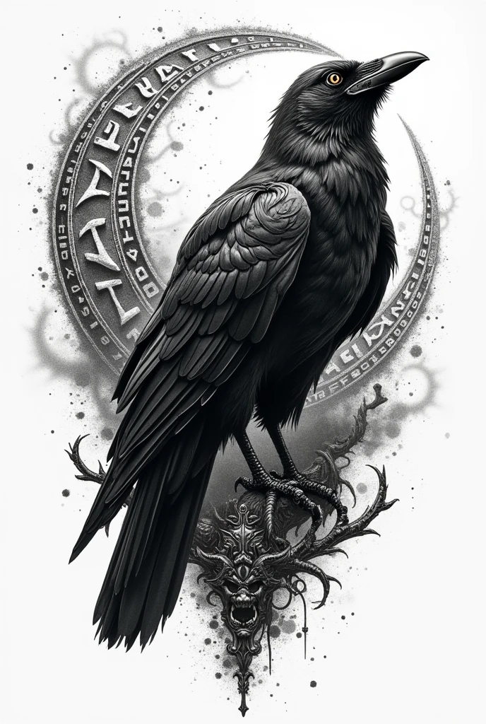 create a black and white pointillism tattoo of a viking norse raven with runes magic and war with fighting and axes