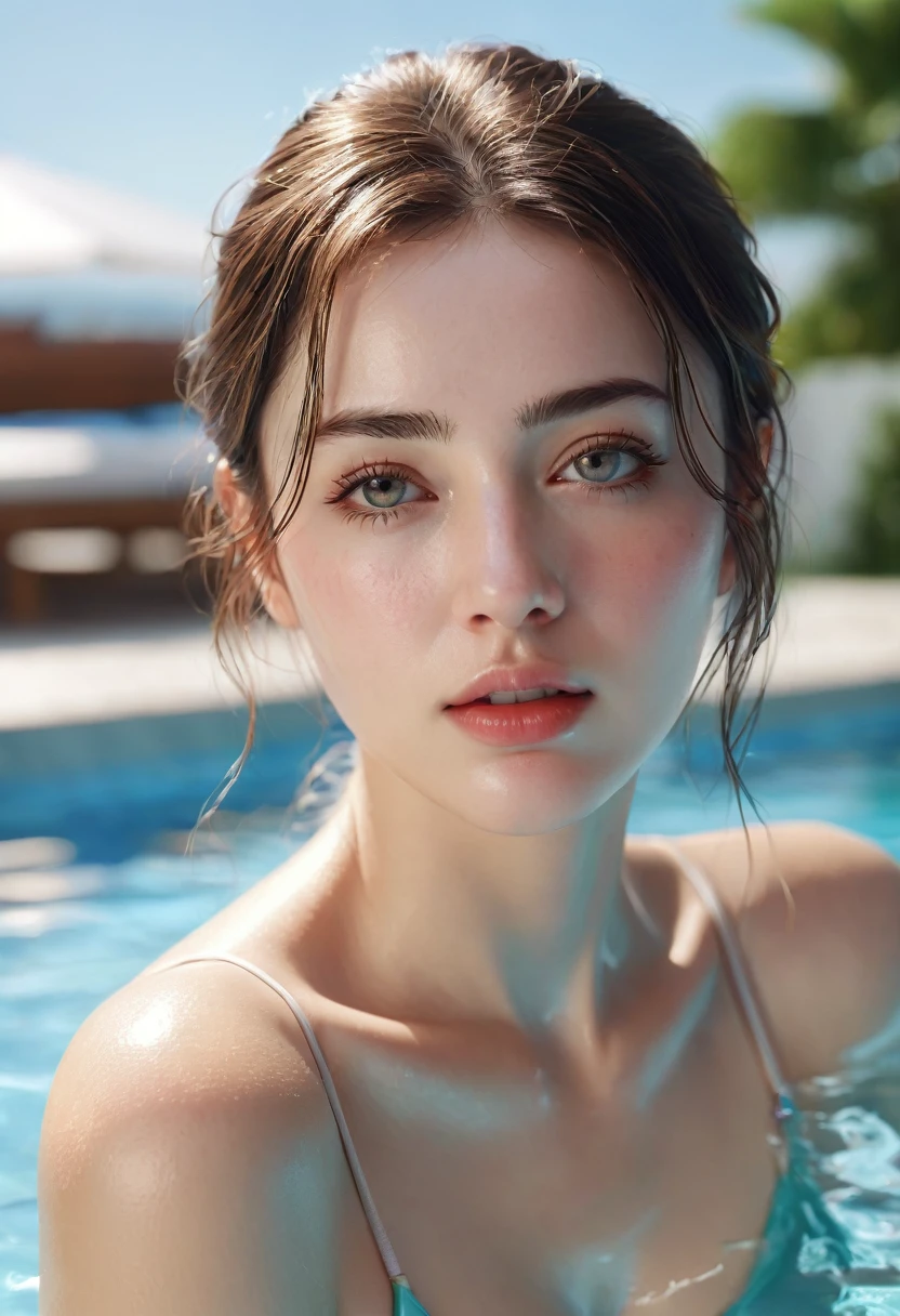 best quality, high resolution, ultra detailed, realistic, a woman, incredibly beautiful, languid expression, moist eyes, shiny skin, poolside, in the summer, 