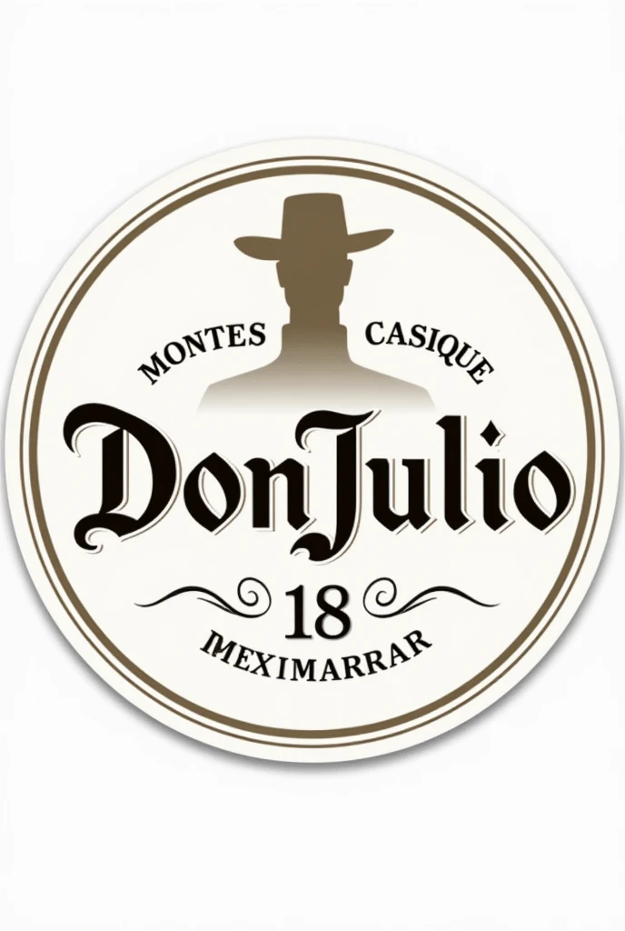 A round logo with the word Don Julio in the center and a small shadow of a cowboy from the torso to the head above., Below the number 18 with the abbreviation for anniversary in English and on the left side the word Montes and on the right the word Casique all in black and white and surrounded by two thin lines in png so it can be used as a sticker