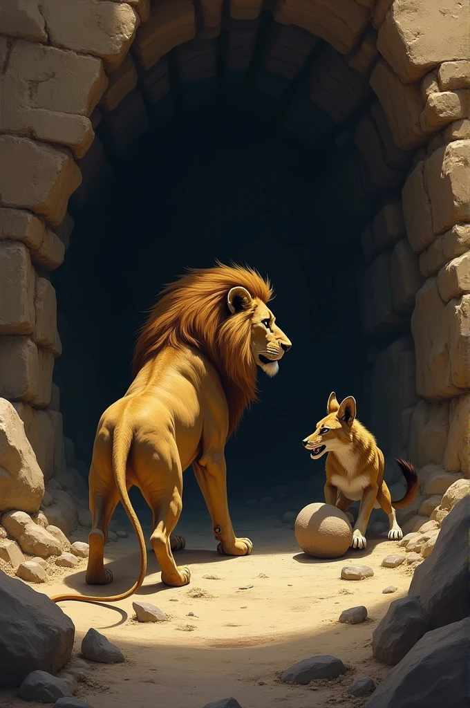 The Lion decides to confront the other lion and enters the cave.
As soon as the Lion is inside, the Jackal rolls a large stone over the cave's entrance, trapping the Lion inside.
Jackal's Triumph: