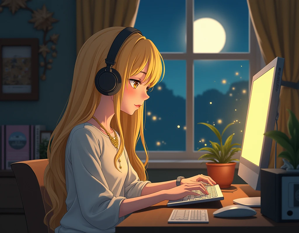 Beautiful blonde girl working on a computer at a desk,Wearing headphones,Gold Necklace,I can see the moon from the window,High resolution,Ghibli-style anime scene