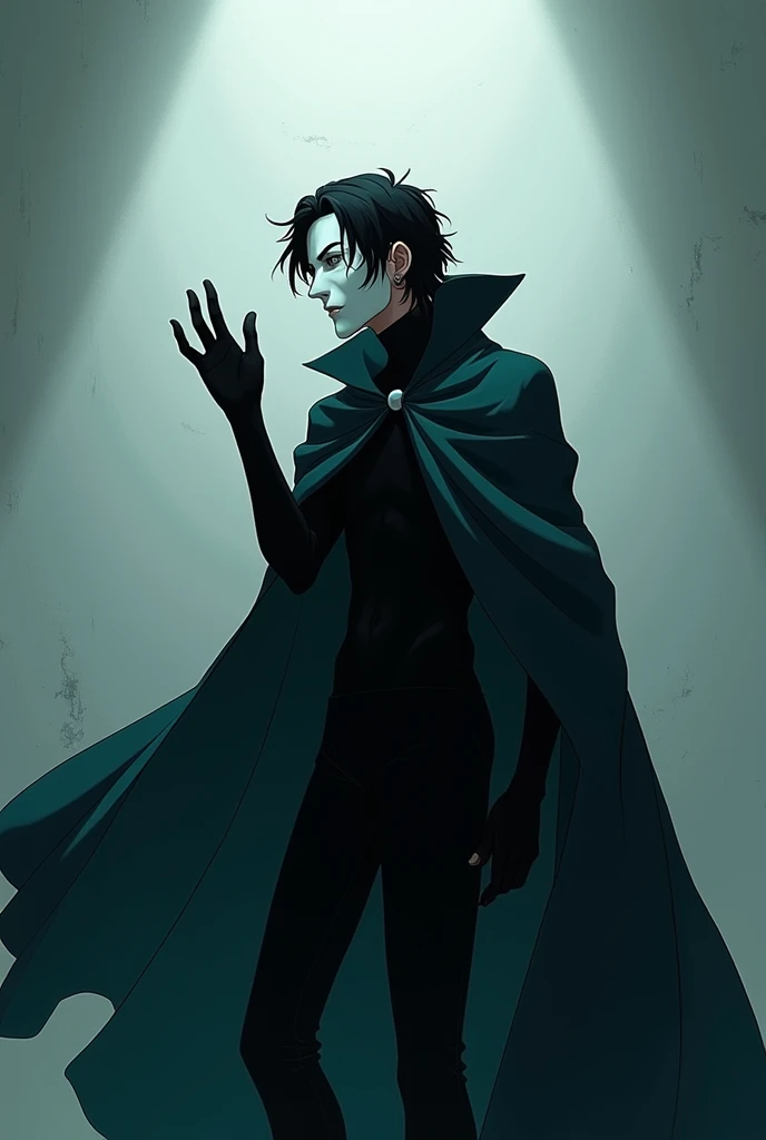 The image is anime style cowboy bebop and Darker than black with shadows and dim lights, anime style although somewhat adult and dark, It shows a single adult man with medium-length black hair wearing a cape., Thin build wearing a white theatre mask of the smiling Melpomene or Thalia type, that does not allow his face to be seen, posing sideways with her dark turquoise cape billowing forward, The rest of his clothing is black.. He is standing in front of a white wall. He is about to snap his fingers. Whole body, ominous pose. Cape waving to one side