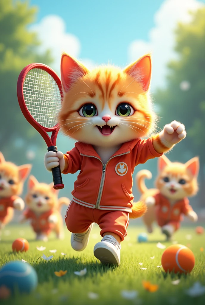 The protagonist(cute cat)Dressed in sportswear、Holding a football or tennis racket。My cat friends are gathered around me and playing together.。