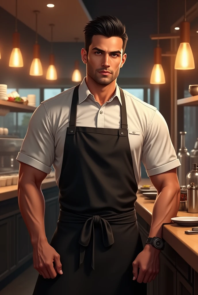30 year old man with an athletic and well defined body, broad shoulders and a slight bulge in the lower leg area visible through the apron. Your face should have a strong jawline, Straight Nose, and a gentle and seductive look. The hair is black, smooth and short, and the eyes are dark and deep. realistic lighting, Dynamic angle, 真实感, best qualityer, fully body. sushi bar restaurant atmosphere, is working, is dressed in uniform 
