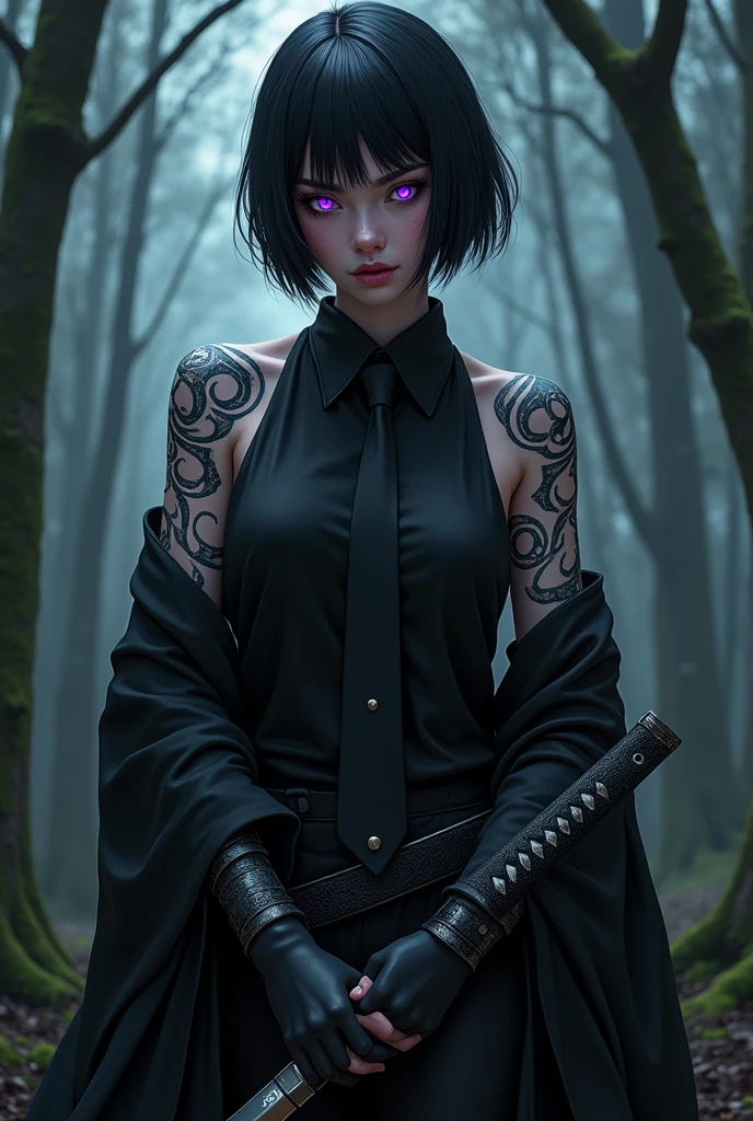 Kizi, short dark hair, Purple eyes, black clothing, necktie, shining tribals, holding a katana, forst, natta, shining eyes.