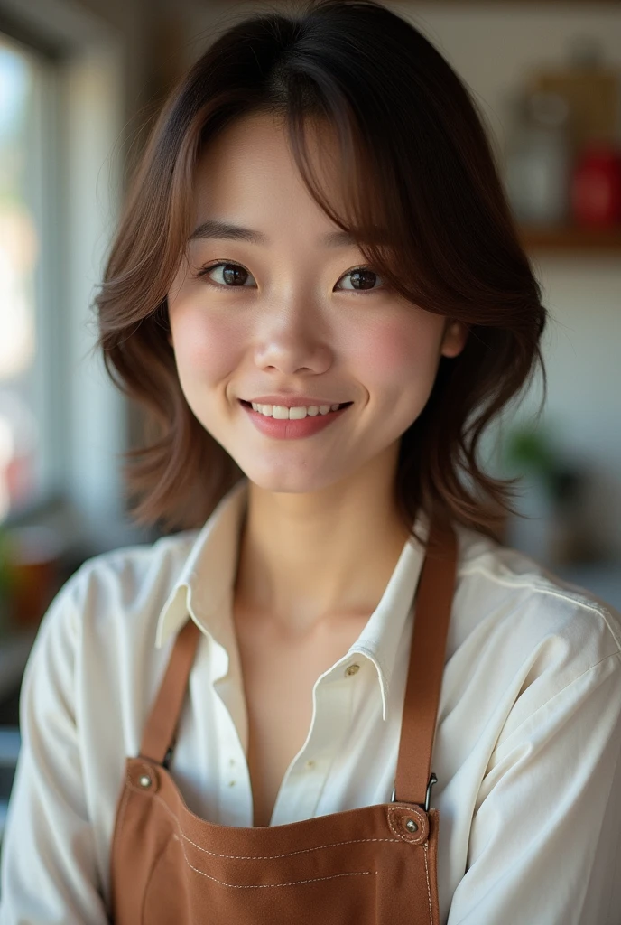 Japanese women、50 years old、Brown Hair、Hairstyle to the shoulders、Apron appearance、Bcup、Embarrassed look