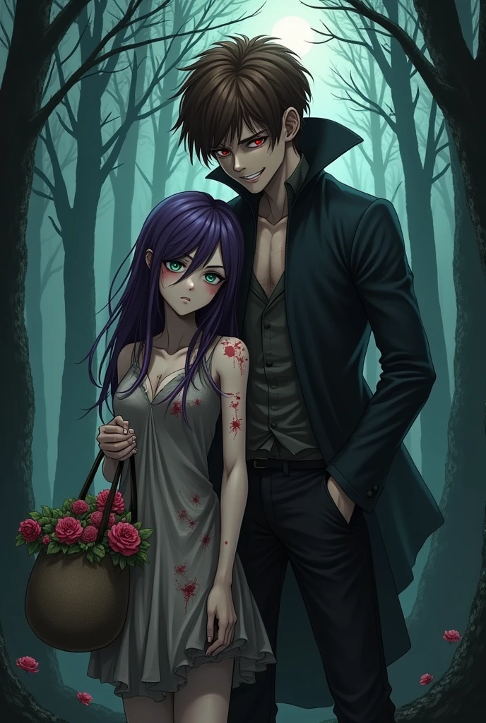 A vampire boy has wood brown hair red eyes smiling mouth black white is bigger than the slave whose hand is holding slave is full of cuts on her body long purple hair and turquoise eyes dirty cloth rags hold the flower bag protectively standing in the middle of the forest full of fir trees