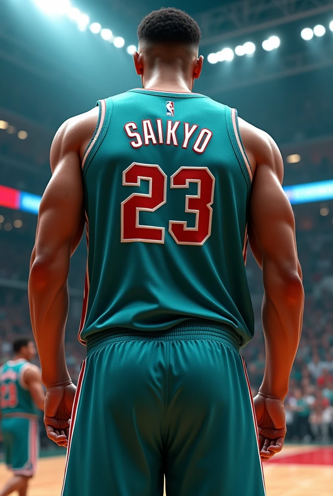 Teal basketball jersey name Saikyo
23 number with white and red accent