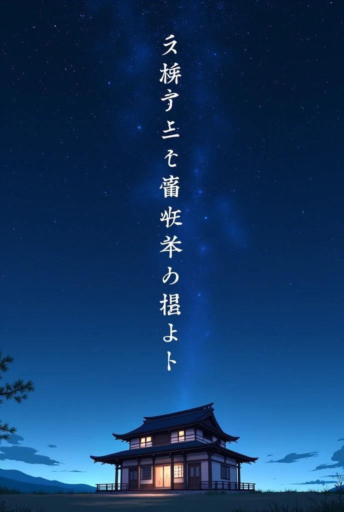 Japanese house centered in the middle of the starry night and red cel Japanese anime style, written on the entire screen: YolloY with Japanese letters. image size 2.560 x 1.440 pixels