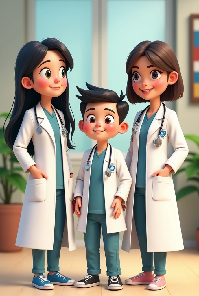 3 DOCTORS ( A WHITE GIRL WHO IS A LITTLE FAT WITH BLACK HAIR AND ANOTHER BRUNETTE GIRL WITH STRAIGHT HAIR AND A WHITE BOY IN THE CENTER) ANIMATED YOUNG MAN WITH A WIENNER UNIVERSITY LOGO ON HIS GOWN
