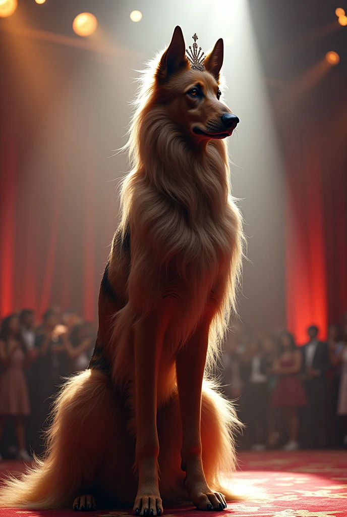 Help me create an Afghan Hound dog in the body of a Miss Universe 