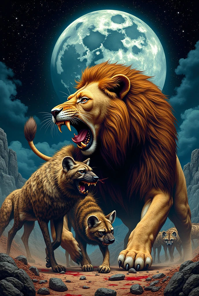 A pack of hyenas biting a lion who is biting a hyena, The sky has a huge moon and lots of stars around it., I want the scene to convey suspense and drama, comic book style.